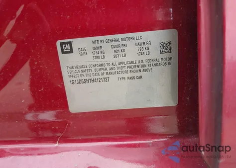 2017 Chevrolet Sonic Lt Auto из США, поврежденный, VIN 1G1JD5SH7H4121727